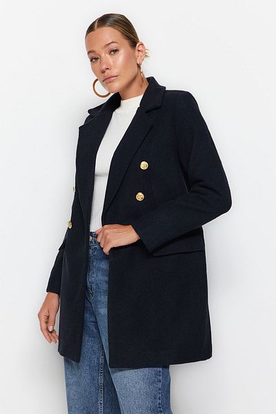 Trendyol Collection Námořnická modrá zlatá bunda s detailním vzorem z vlny TWOAW24KB00004