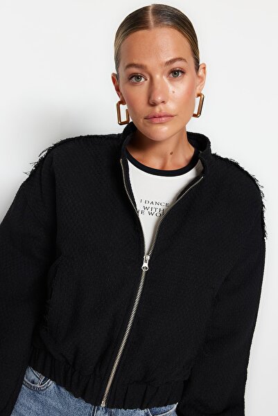 Trendyol Collection Μαύρο Oversize Tweed Bomber Jacket TWOSS23MO00052