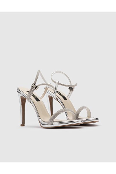 İLVİ Durgesh Genuine Leather Women's Silver Stone Heeled Sandals