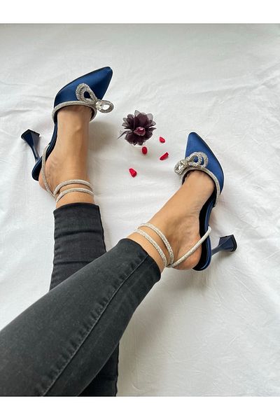 Gamze Shoes Navy Blue Color Satin Ankle Tie Bow with Stones