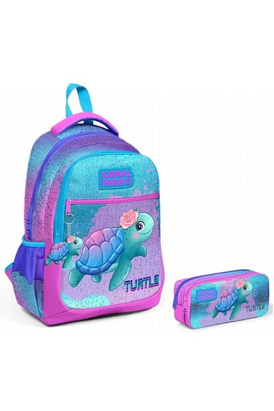 Coral High Set de rucsac și suport pentru stilouri pentru școala primară și liceu țestoasă roz albastră
