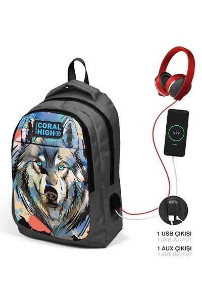Coral High Rucsac Black Wolf pentru băieți pentru școala primară și gimnaziu cu port USB