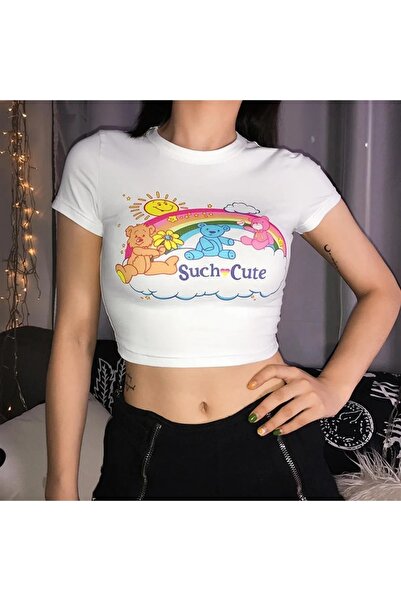 Gofeel Bears In The Sky Tricou alb pentru femei, tip crop top, bluză