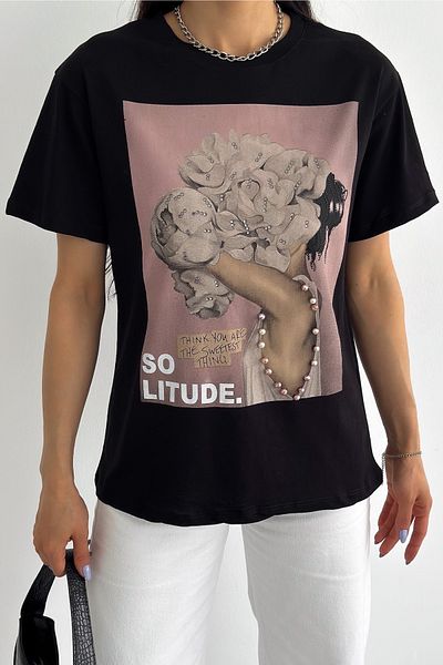 FEMELLE Tricou din bumbac cu brodat și mărgele de perle, negru, sezon nou