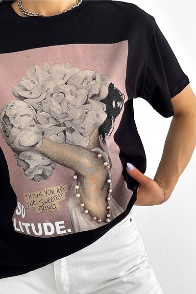 FEMELLE Tricou din bumbac cu brodat și mărgele de perle, negru, sezon nou