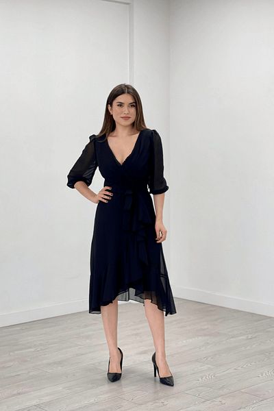 giyimmasalı Chiffon Fabric Flounce Detailed Evening Dress - BLACK