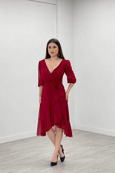 giyimmasalı Chiffon Fabric Flounce Detailed Evening Dress - Claret Red