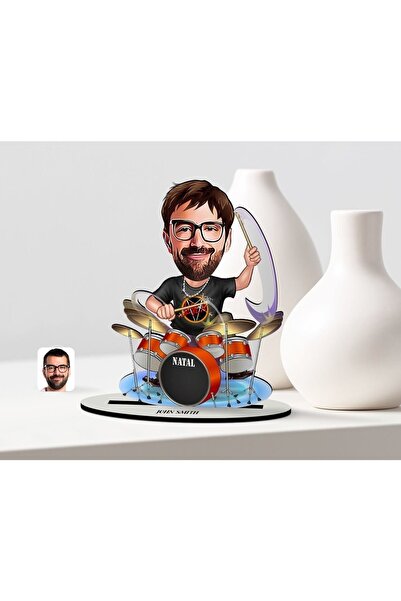 Bk Gift Kişiye Özel Bay Baterist Karikatür Ahşap Biblo - 1