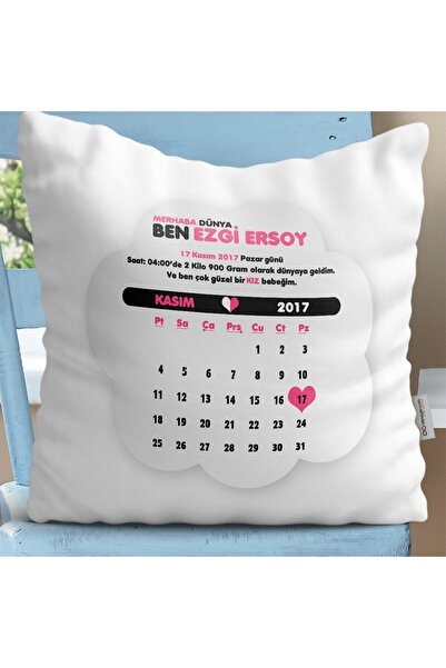 Bk Gift Kişiye Özel Takvimli Doğum Hatırası Kız Bebek Dekoratif Beyaz Yastık - 3