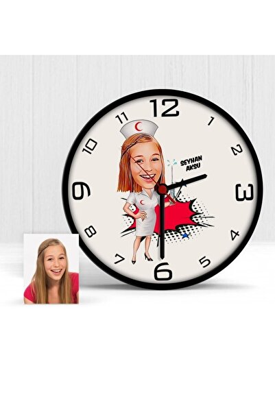 Bk Gift Kişiye Özel Hemşire Karikatür Ahşap Duvar Saati - 1