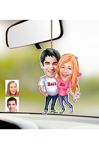 Bk Gift Kişiye Özel Sevgililer Karikatürlü Ahşap Araba Dikiz Ayna Süsü-5