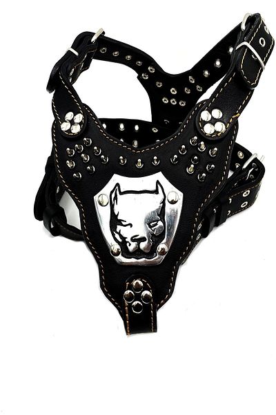 Tasma Market Black Pitbull Head Gladiator Leather Dog Chest Collar