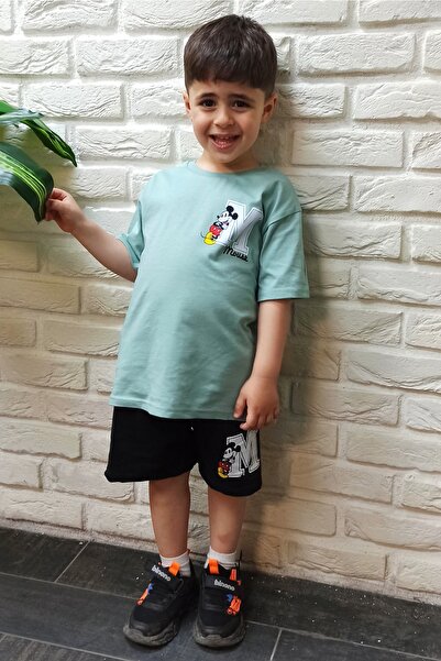 endudu Yeni Sezon Oversize Ön Arka Baskılı Mickey Mouse Desenli Yazlık Şortlu Alt Üst Takım