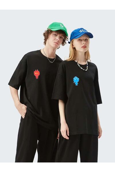 SANTAMİNA Siyah Unisex Ikili Ateş Ve Su Baskılı Sevgili Çift Bisiklet Yaka Oversize T-shirt