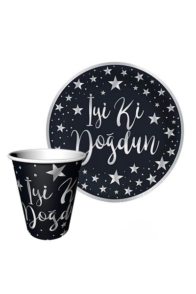 Chuva Plate-Cup Happy Birthday Black-Silver Set of 6