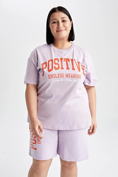 DeFacto T-shirt Df Plus Plus Size, oversize, z okrągłym dekoltem i nadrukiem, z krótkim rękawem, 100% bawełny