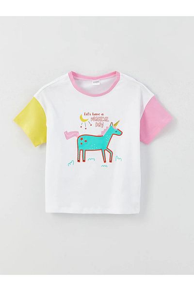 LC Waikiki Dívčí pyžamo s krátkým rukávem Lcw Kids Crew Neck s potiskem a šortkami