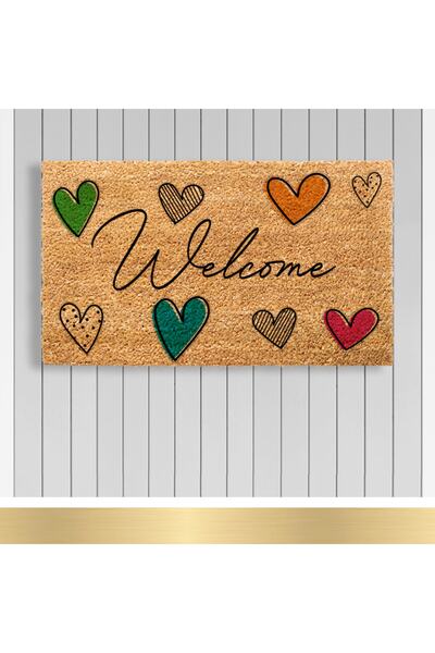 Paspashello , Design Koko Kapı Önü Paspas / Pvc Taban / Model; Renkli Kalpler - Welcome