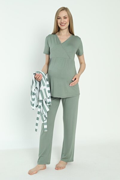Miss Dünya Lissa Green Line Patterned Maternity and Pregnant Pajamas Set