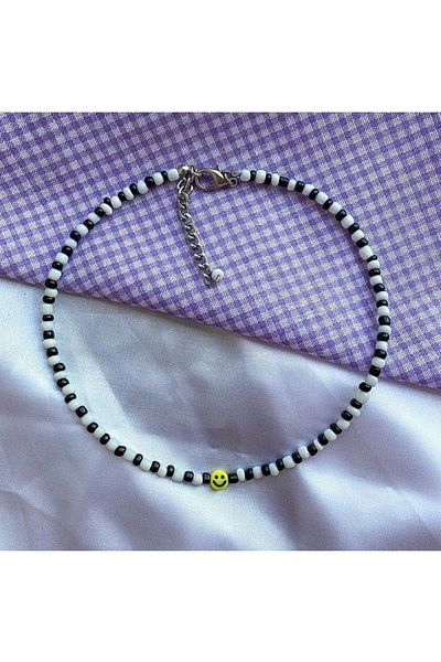 Stoneday Emoji Smiling Face Silver Detailed Black and White Sand Bead Summer Necklace