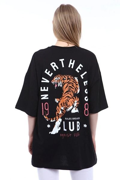 Machetta Plus Size Women's Black Yet Tiger Printed Oversize T-shirt