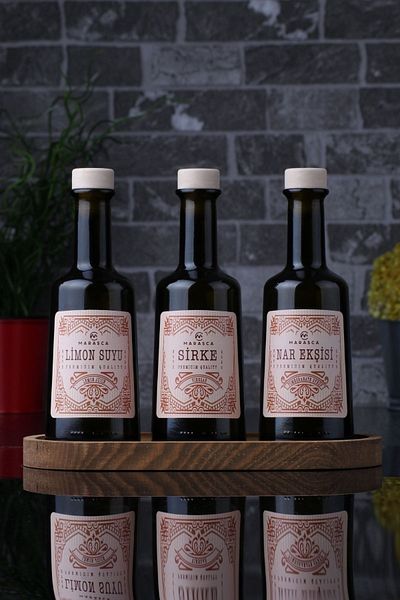 incili home Marasca Wooden Stand Lemon Juice - Pomegranate Syrup - Vinegar Sauce Set Set of 3 250 Ml Rustic