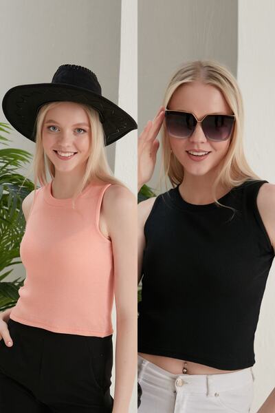 CATSPY Bluză de damă, neagră, cu gât cu șalț, 2 piese, somon