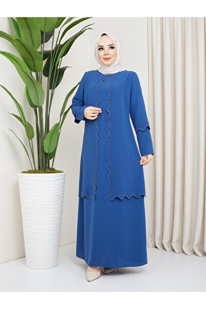 KMKkombin Anne Taş Baskı Detaylı Şık Petek Kumaş Abiye Elbise 1415