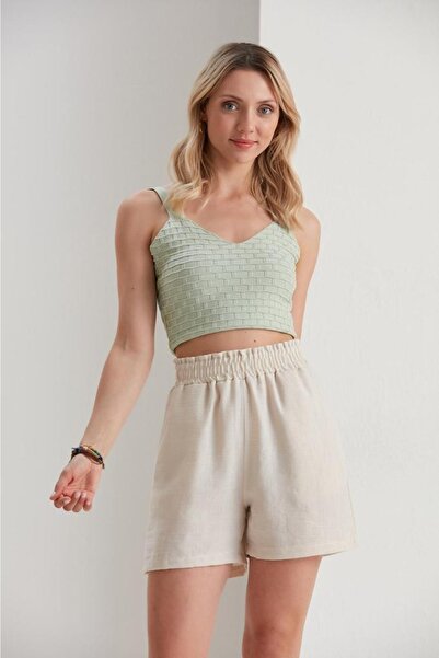 Thin Shop Bej Kemer Detaylı Keten Karışımlı Yazlık Şort - Keten Şort - Keten ...