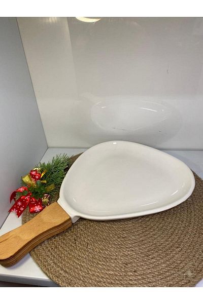 elif aksesuar Presentation Plate Ceramic Ellipse Wooden Handle Ecr-