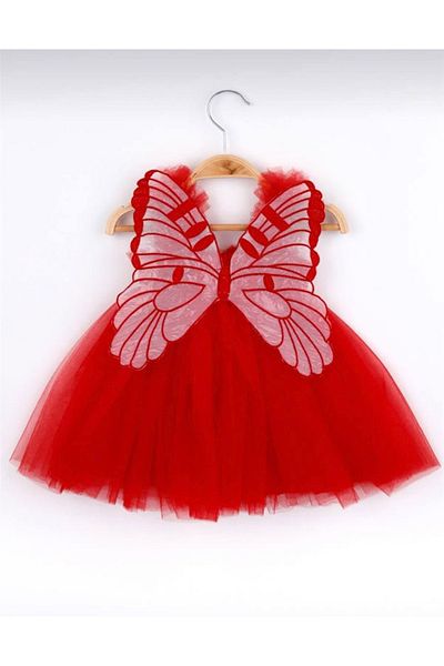 Kokosh kidss Red Butterfly Wing Detailed Baby Girl Dress