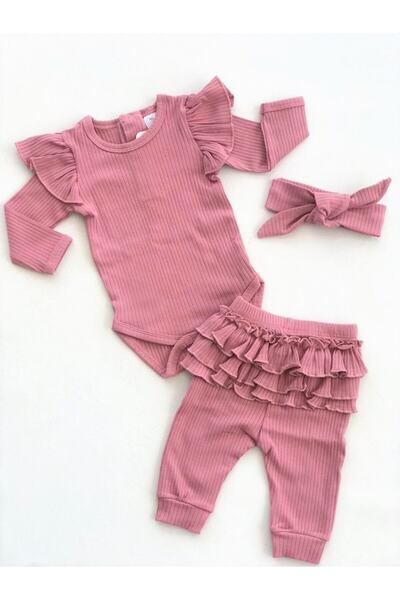 Kidaxi Baby Boss Fırfırlı Bandanalı Üçlü Takım Koyu Pembe