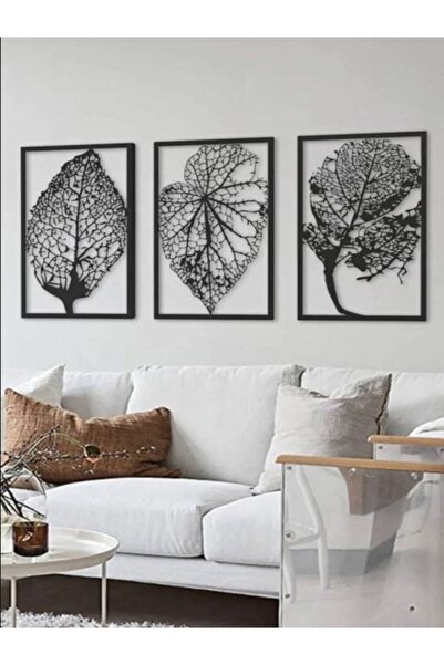 Lowenart Son Bahar 3'lü Siyah Yaprak Ahşap Tablo Küçük Boy Dekor Çerçeve Görü...