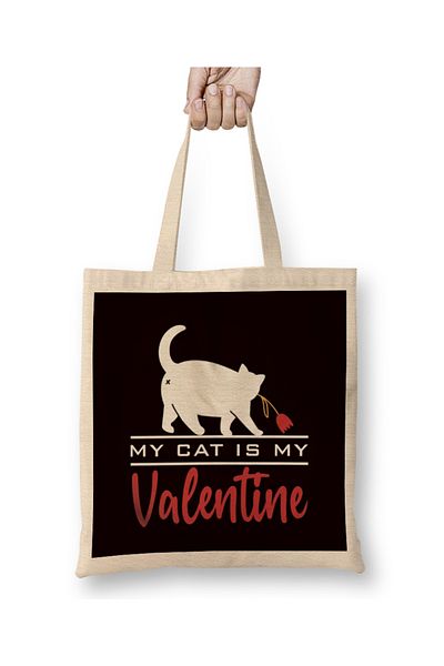 Baskı Dükkanı My Cat Is My Valentine Love Kitten Animal Owner Geantă din pânză cu mâner lung