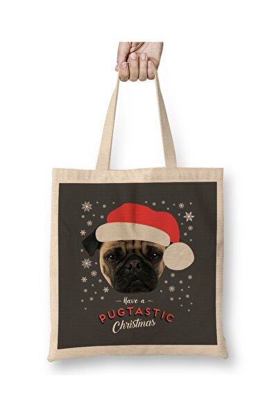 Baskı Dükkanı Have A Pugtastic Christmas Pug Dog Geantă din pânză cu mâner lung