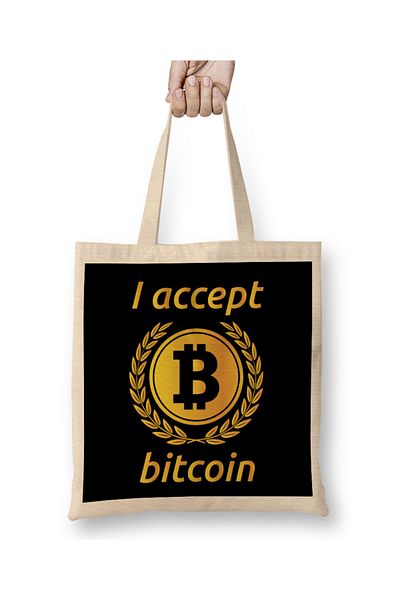 Baskı Dükkanı Δέχομαι υφασμάτινη τσάντα Bitcoin με μακριά λαβή