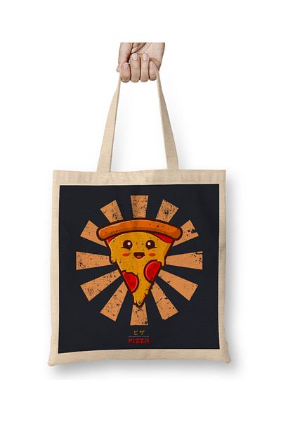 Baskı Dükkanı Happy Pizza Ρετρό Ιαπωνική υφασμάτινη τσάντα με μακριά λαβή