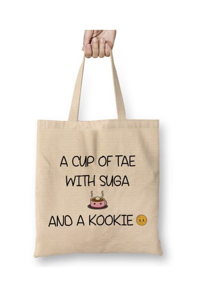 Baskı Dükkanı Bts A Cup Of Tae With Suga And A Kookie Geantă din pânză cu mâner lung