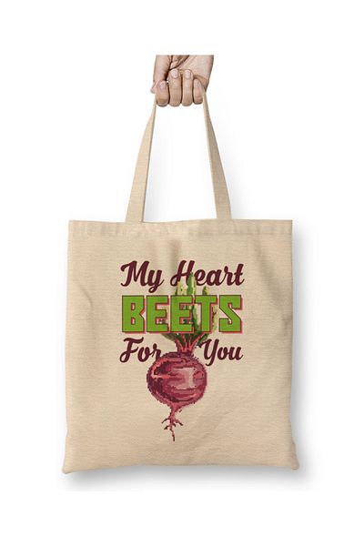 Baskı Dükkanı My Heart Beets For You Beetroot Pixel Art υφασμάτινη τσάντα με μακριά λαβή