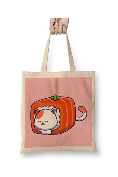 Baskı Dükkanı Cute Cat Sushi Salmon 01 υφασμάτινη τσάντα με μακριά λαβή
