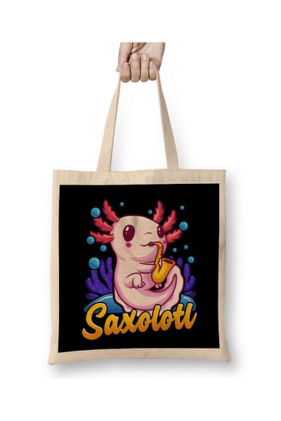 Baskı Dükkanı Saxolotl Sax Axolotl Walking Fish Σαξόφωνο Pun υφασμάτινη τσάντα μακριά λαβή