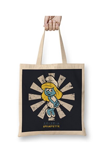 Baskı Dükkanı Smurfette Ρετρό Ιαπωνική Smurfs υφασμάτινη τσάντα με μακριά λαβή