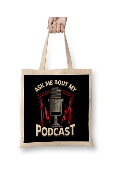 Baskı Dükkanı Ρωτήστε με για το Podcast μου Υπέροχη υφασμάτινη τσάντα υποδοχής Podcasting με μακριά λαβή