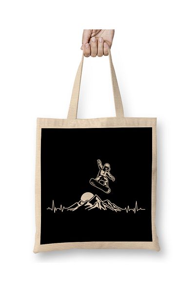 Baskı Dükkanı Snowboarder Heartbeat Snowboarding Heart Mountain υφασμάτινη τσάντα με μακριά λαβή