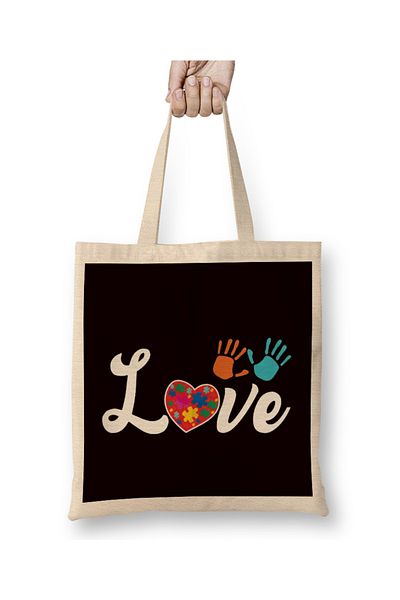 Baskı Dükkanı Love Autistic Heart Υποστήριξη Παζλ Κορδέλα υφασμάτινη τσάντα με μακριά λαβή