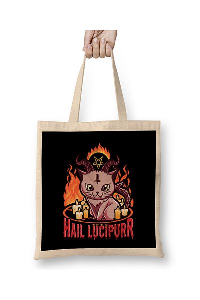 Baskı Dükkanı Geantă din pânză cu mâner lung, drăguț și amuzant, Hail Lucipurr Rainbow Goth Kitten