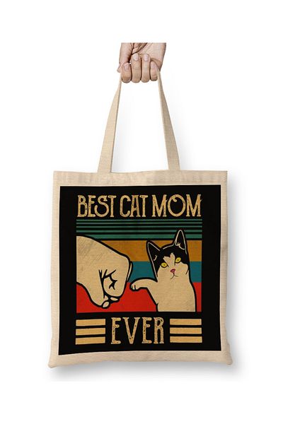 Baskı Dükkanı Vintage Best Cat Mom Ever Fist Bump Gift 01 Geantă din pânză cu mâner lung