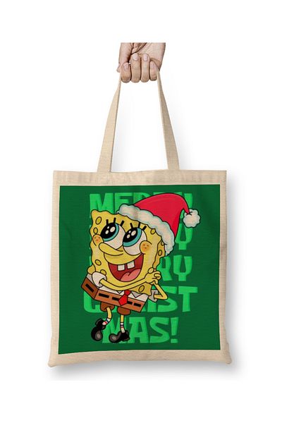 Baskı Dükkanı SpongeBob Crăciun Geantă din pânză SpongeBob cu mâner lung