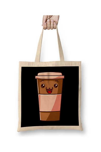 Baskı Dükkanı Kawaii Coffee Cup Funny Anime Caffeine Japanese Tote Bag Long Handle