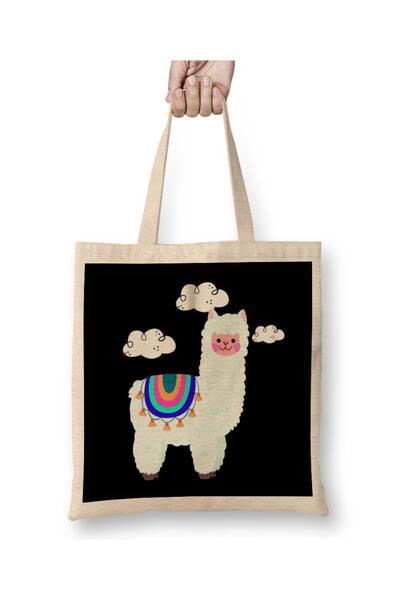 Baskı Dükkanı Cute Llama Clouds Cool Alpaca Prezent Geantă din pânză Mâner lung